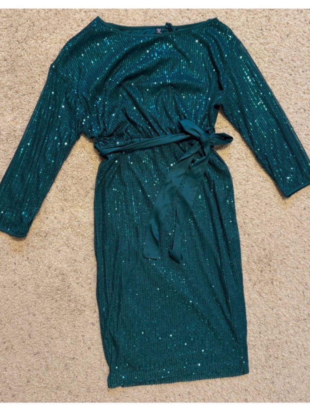 SHEIN Emerald Green Sequin Belted Dress